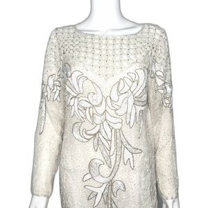 Anjumun California Rare Vintage 80s White Floral Pearlescent Beaded Gown